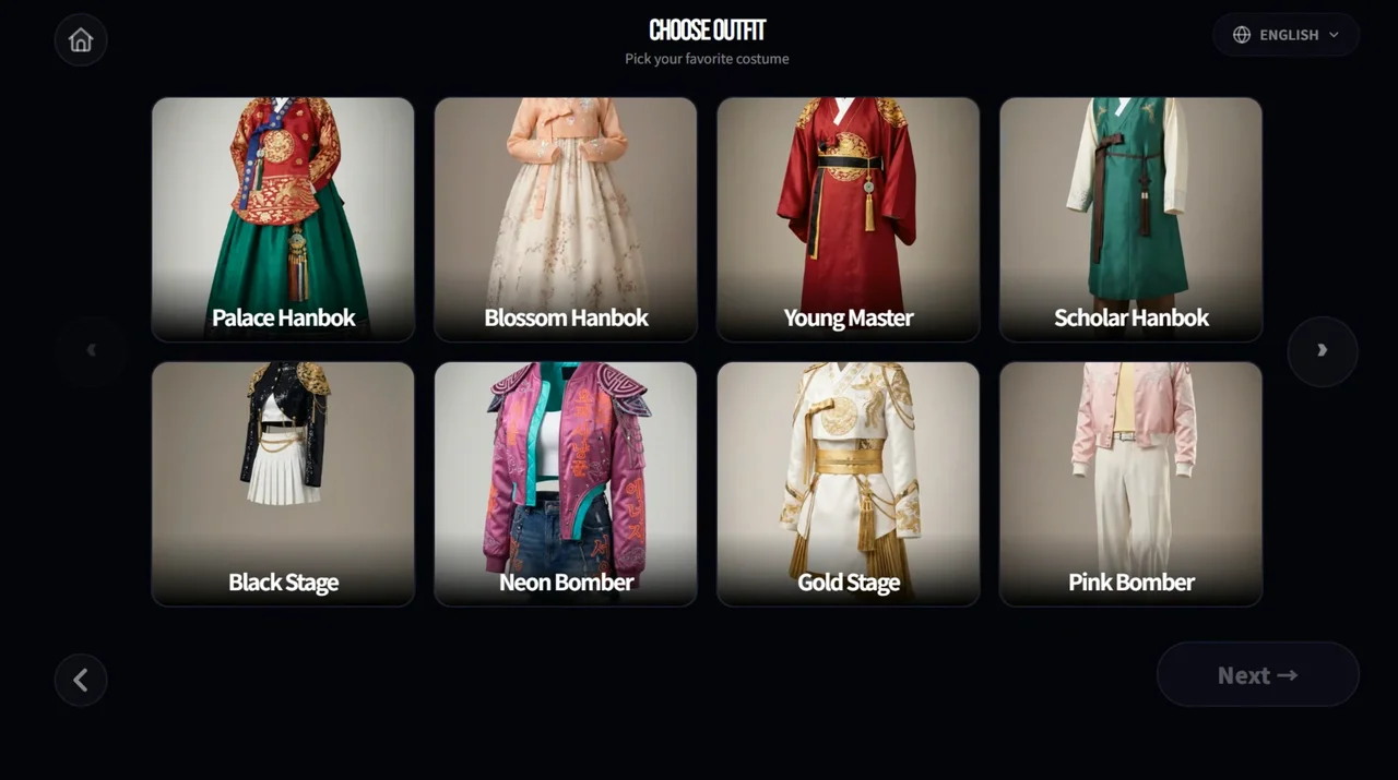 Outfit selection with hanbok and stage costumes